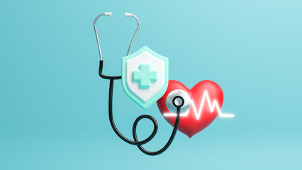 Red heart with pulse line with stethoscope and pulse beat measure icon, Concept of healthy lifestyle, heart rate, heart disease. Cardiac assistance, medical first aid and health care. 3D rendering
