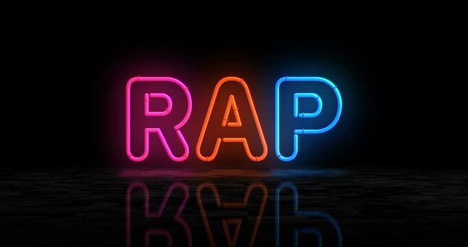 Rap music neon symbol. Light color bulbs. Rap battle and hip hop retro style  abstract seamless and loopable concept. 3d flying through the tunnel animation.
