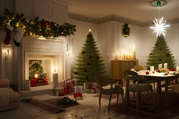 Fototapeta na wymiar Room decorated in Christmas style to create a peaceful and relaxing atmosphere during the Christmas holidays. Generative ai illustration. Neural network generated art