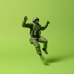 Fototapeta na wymiar green army man toy jumping isolated on plain studio background made with generative ai