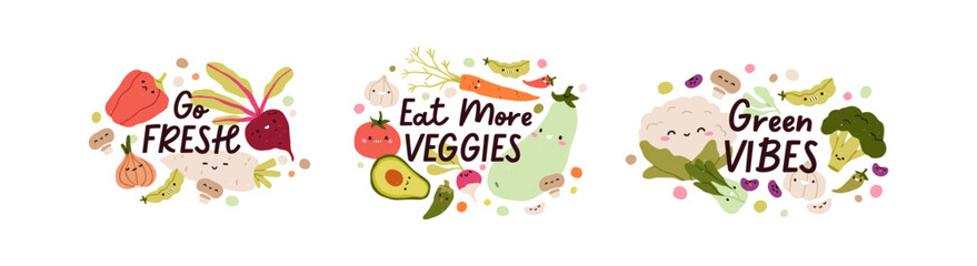 Cute fresh healthy vegetables compositions set. Funny vegetarian stickers with happy veggies characters, tomato, cauliflower and vegan phrases. Flat vector illustrations isolated on white background