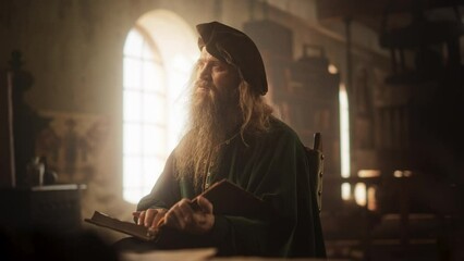Portrait of an Old Renaissance Male Inventor Reading a Book and Thinking about Ideas of Innovation of the Times. A Curious Librarian Getting Knowledge and Wisdom from History Books