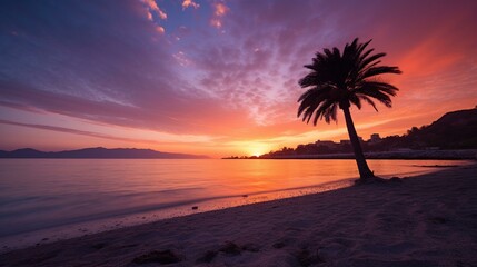 Obraz na płótnie Canvas Palm tree on the beach at sunset. Panoramic view