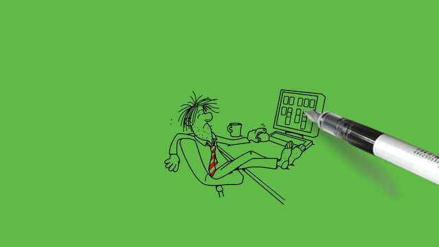 draw lazy person sit on chair in rest position in front of computer keep his legs on computer table other two men see behind him with black outline on abstract green screen background 
