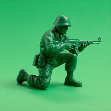 green army man toy on one knee with rifle isolated on plain studio background made with generative ai