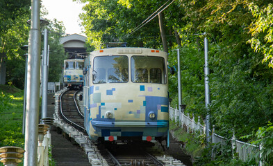 Naklejka premium Public transport funicular. Kyiv, Ukraine. Ukrainian electric tram in Kiev