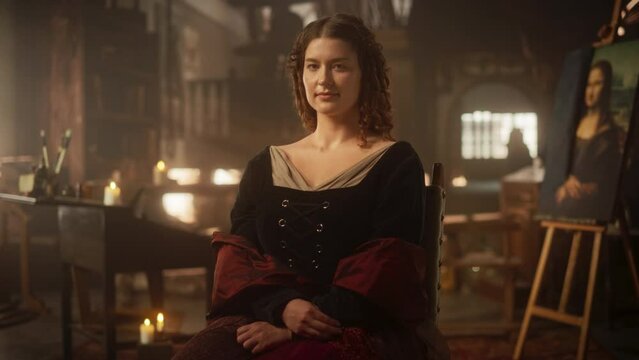 Renaissance Era Representation: Beautiful Young Woman Posing for a Portrait, Looking at the Camera and Smiling in an Antique Art Studio. Historical Figure Inspiring Da Vinci's Painting, the Mona Lisa