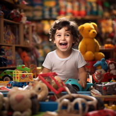 Happy child in a toy store. Generative AI. - obrazy, fototapety, plakaty