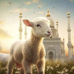 Naklejka premium Lamb next to a mosque. Eid Mubarak concept. Generative AI.