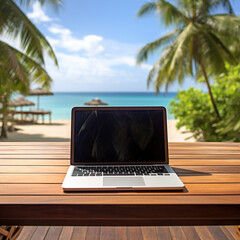 Computer on a paradisiacal beach. Telecommuting. Generative AI.