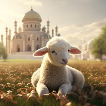 Lamb next to a mosque. Eid Mubarak concept. Generative AI.