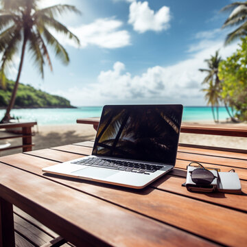 Computer on a paradisiacal beach. Telecommuting. Generative AI. © DALU11