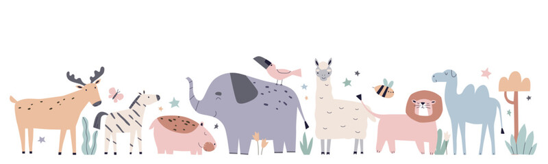 Cute childish animals border, row in Scandinavian style. Jungle exotic lion, elephant, llama, camel, hippo and zebra. Scandi kids flat graphic vector illustration isolated on white background © Good Studio
