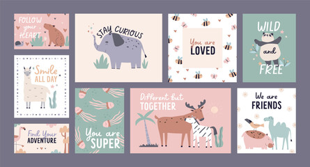 Postcards with cute baby animals in Scandinavian style. Kids cards designs set with quotes, motivation phrases, childish Scandi adorable characters, panda, elephant, zebra. Flat vector illustrations