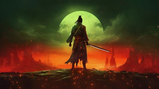 An ancient warrior with a katana sword stands on the rock, looking at the moon's background with fire sparks.