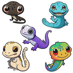Naklejka premium Set 5 cute stickers of cartoon geckos, on transparent background with png file.