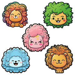 Obraz premium Set 5 cute stickers of cartoon lion, on transparent background with png file.