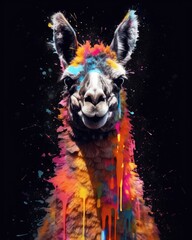 llama  form and spirit through an abstract lens. dynamic and expressive lama print by using bold brushstrokes, splatters, and drips of paint. llama raw power and untamed energy 