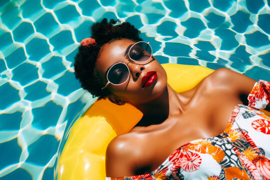 Generative AI colorful illustration of high angle of African American female in sunglasses and beachwear sunbathing and floating on air mattress in swimming pool on summer vacation