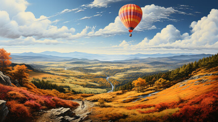 Generative ai illustration of a Hot air balloon in majestic landscape at sunset