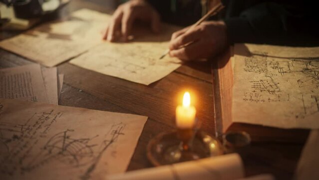 Camera Movement Showing Inscriptions and Notes and Leading to Hand of Old Renaissance Male Using Ink and Quill to Write New Ideas. Dedicated Historian Taking Notes, Inventing New Theories, Innovating