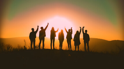 Fototapeta premium Friends share joyful moment and happiness at sunset. AI generated