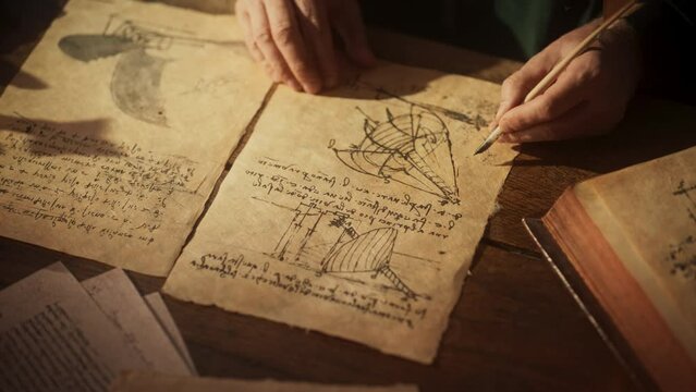 Close Up on Old Renaissance Male Hand Using Ink and Quill to Draw a Blueprint for a New Invention. Dedicated Inventor Working on an Innovative Creation, Writing Notes and Observations