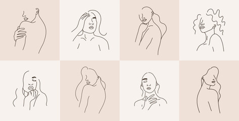 Set of woman face portraits line art sketch. One black line art female heads. Vector illustration in outline simple style