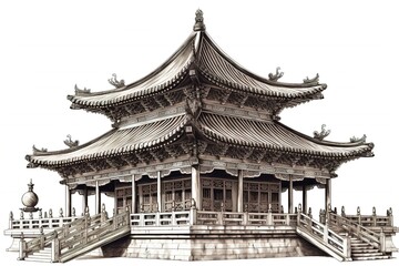 Fototapeta premium Chinese temple isolated on white background. Generated by AI.
