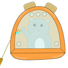 The cat in the bag is interested in the toys outside.