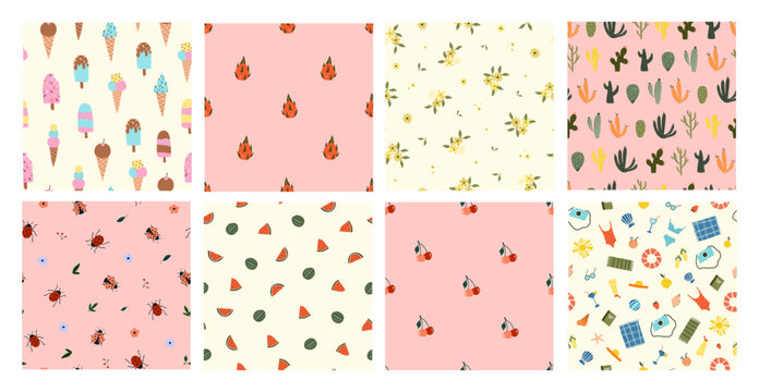 Set of summer seamless patterns with ice creams, floral, flowers, watermelon, cactuses, swimming, cherry. Summer vibrant textile ditsy background. Vector illustration in cartoon flat style