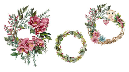 Winter wreath with watercolor dry branches, holly and red berries. Watercolor hand drawn illustration for invitations, greeting cards, prints, packaging and more. Merry christmas and happy new year.