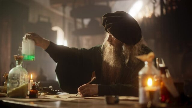 Fantasy Setting: Portrait of an Alchemist Working on Elixirs in his Medieval Laboratory, Taking Notes. An Old Sorcerer Creating a Healing Potion for his Village, Experimenting with Chemical Reactions