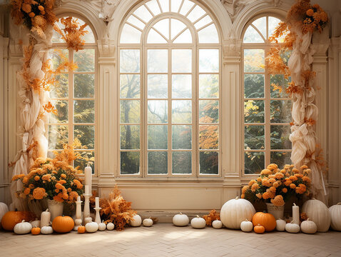 grande finestra autunnale luminosa di casa lussuosa arredata e addobbata con zucche di halloween, sfondo  di zucche per fotografia stagionale, sfondo con finestra e zucche di halloween, colori caldi