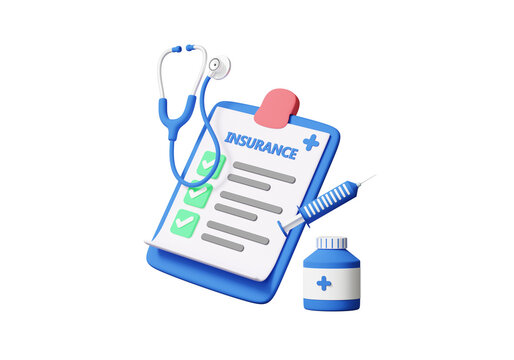 Clipboard paper insurance report information cost service healthcare checkmark health checkup heartbeat drug medical doctor concept. Diagnosis care guarantee protection. 3d render illustration