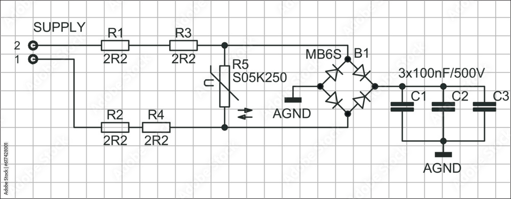 Poster an analog circuit with electronic components (capacitor, resistor, diode bridge) connected by conduc