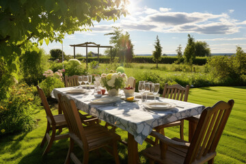Fototapeta premium Gedeckter Tisch im Garten, Set table in the garden