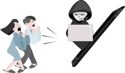 People were shocked because they were contacted by criminals.Scammer cartoon character.Online crime concept . Swindler and a thief are working at the computer. Voice Phishing.fake call center.