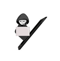 Scammer cartoon character on isolated white background.Online crime concept . Swindler and a thief are working at the computer. Voice Phishing.fake call center.