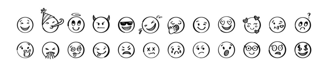Doodle emoji set. Hand drawn sketch vector illustration. Pack of different expressions emoticons - obrazy, fototapety, plakaty