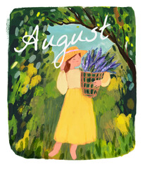 Vector illustration August quote, romantic young girl in a colorful garden with a bunch of summer flowers, lilac, greenery, prospering trees. Printable vector banner, greeting card, poster, invitation - obrazy, fototapety, plakaty