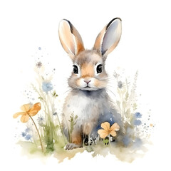 Obraz premium Watercolor Bunny Rabbit sitting in Wildflowers Generative AI