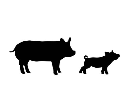 Pig and little piglet silhouette. Domestic animal family lives in a farm. Mammal swine. Symbol of pork meat