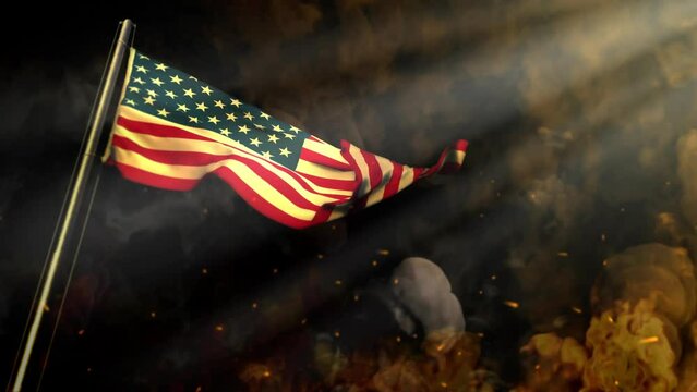 waving USA flag on smoke and fire with sun beams - problem concept