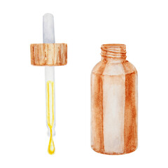 Watercolor illustration of brown glass bottle of serum, essential oil with pipette. Spa and bathroom accessories, elements for beauty salon and wellness center, cosmetology, massage and medicine