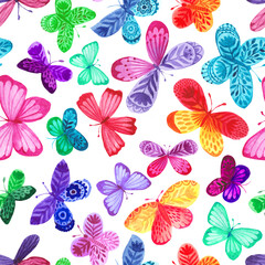 Seamless pattern with watercolor butterflies. Freehand drawing, rainbow colors pattern. Decorative wallpaper design