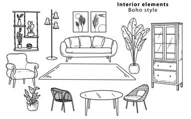 Scandinavian furniture Interior elements Boho style. Cozy home environment for the living room. Hand-drawn doodle style elements. 