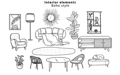 Scandinavian furniture Interior elements Boho style. Cozy home environment for the living room. Hand-drawn doodle style elements. 