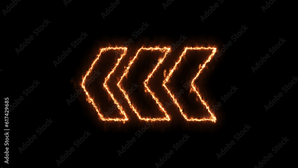 Poster left arrow fire effect. rendering arrow to the left, red color glowing neon.