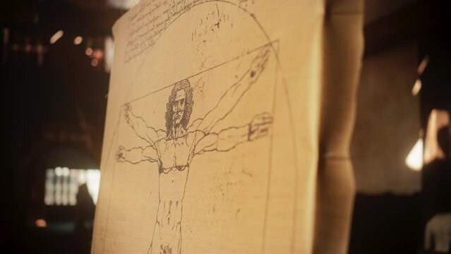 Close Up on the Drawing of the Vitruvian Man by Leonardo da Vinci Resting on an Easel in Art Studio. The Famous Piece Representing Science, Art, Health and Fitness. Important Painting from History